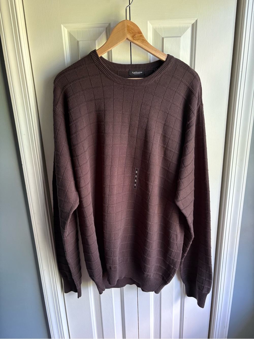 Van Heusen Mens Brown Textured Grid Pattern Long Sleeve Crewneck Sweater XL NWT